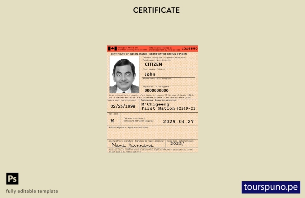 listo para imprimir la plantilla de certificado de estatus indio de Canadá